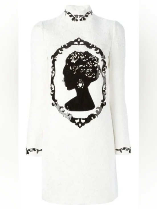 White Embroidered Jacquard Appliqué Cameo Overcoat with Black Motifs - Picture 4 of 4